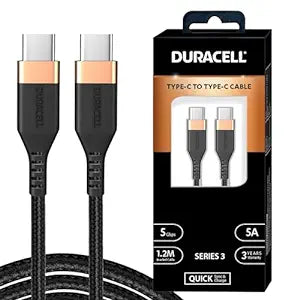 Duracell Usb Type C To Type C 5A(100W) Braided Sync& Charging Cable,Compatible With Mobile,Laptop,Tablets&Macbook,3.9 Feet(1.2M) Supports Pd&Qc 3.0 Charging,5 Gbps Data Transmission,Black