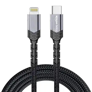 amazon basics Type C To Lightning 27W Fast Charging Nylon Braided Usb C Cable For Iphone 14,14 Pro,14 Pro Max,14 Plus,13,13 Pro,13 Pro Max,13 Mini,12,12 Pro,11,11 Pro Max,X,8 (1.2 Meter),Black