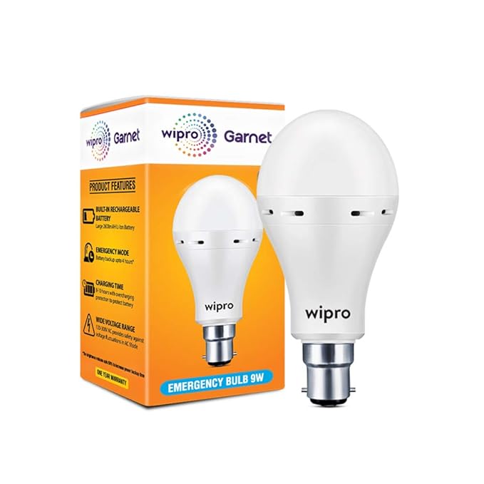 wipro Garnet 9w LED Emergency Bulb | Cool Day White (6500K) | B22 LED Bulb Base | Inverter Bulb for home, with 4 Hours battery back up| Li-ion Battery | Over charging Protection | Pack of 1