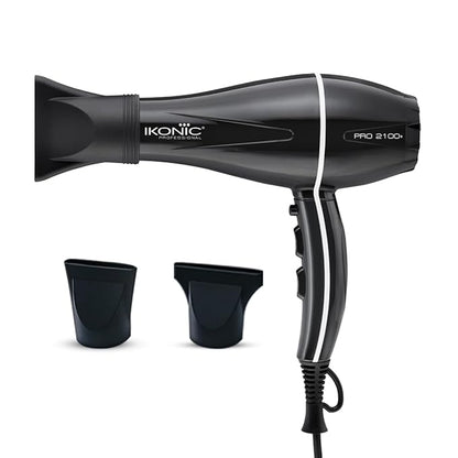 IKONIC Pro 2100+ Hair Dryer 2000 Watts, Black, 3 Heat And 2 Speed Settings, Cool Shot, Low Noise Function Interchangeable Nozzles, Professional Styling, For Women And Men, All Hair Type