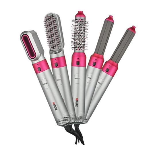 WMARK NG-1000 Hot Air Styler 5 in 1 for Drying/Curling/Straightening, 5 interchangeable attachments with 3 level of speed and Temperature settings, 1000W Motor Overheat protection Men & women, GREY