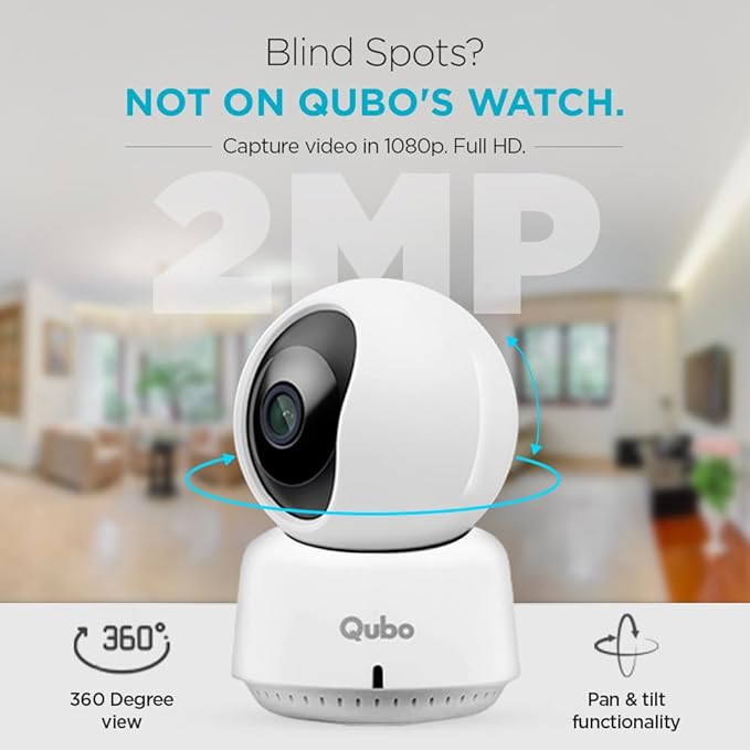 Qubo Smart 360 WiFi CCTV Security Camera for Home from Hero Group | 2MP 1080p Full HD | Mobile App | Two Way Talk | Night Vision | Cloud & SD Card Recording | Made in India | Alexa & OK Google |