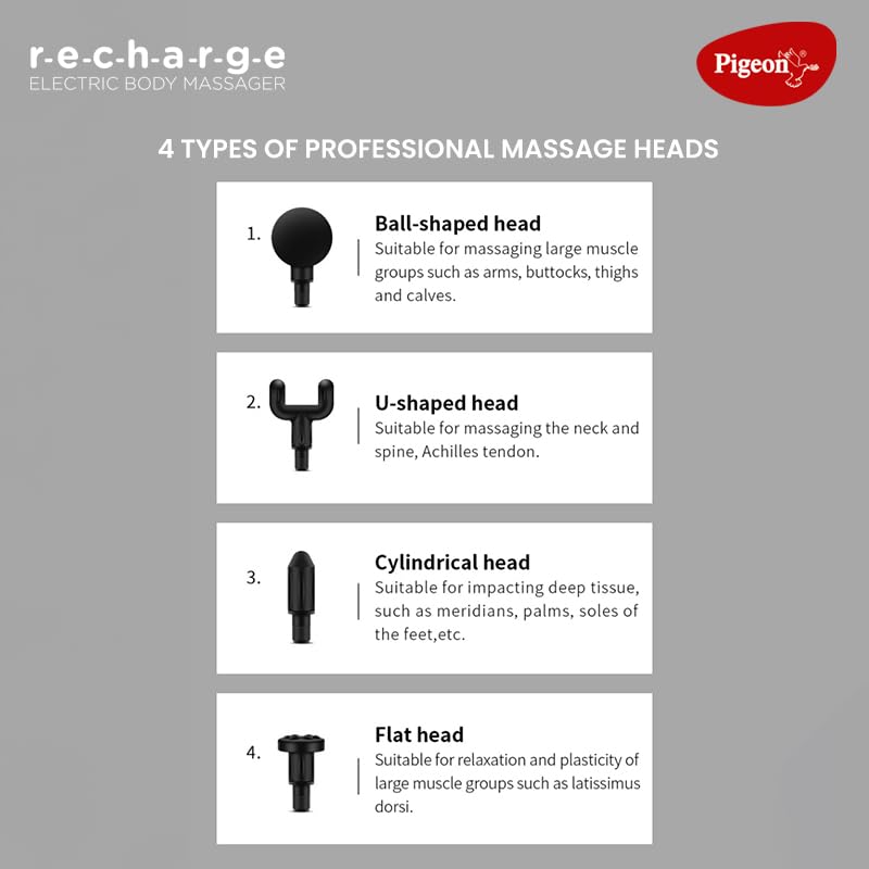 Pigeon Pulse Gun Massager With Digital Display,4 Heads,6 Speed,Rechargeable,Handheld,Percussion Muscle For Full Body Pain Relief,Muscle Relaxation Of Neck,Shoulder,Back,Foot For Unisex (Black)