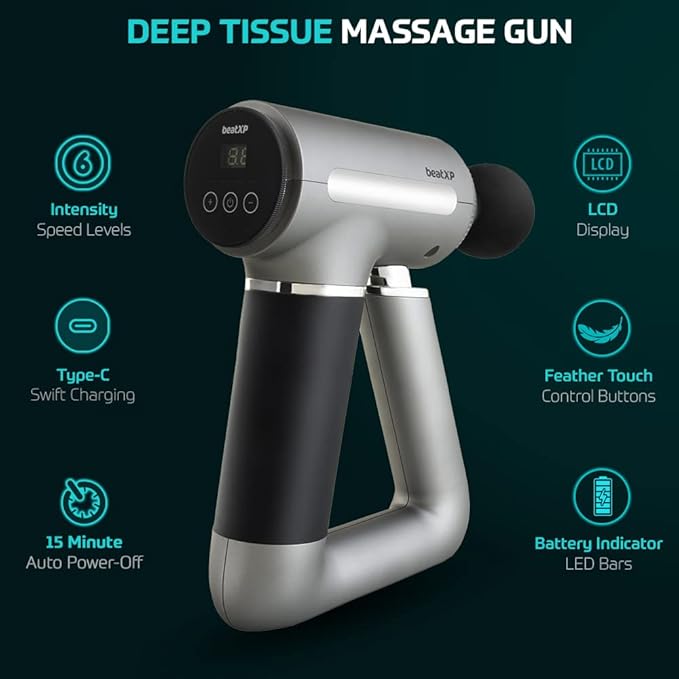 beatXP Bolt Elite Deep Tissue Massage Gun with Hard Carrying Case Cordless Massager for Full Body Pain Relief for Athletes, Gym Professional, 1 Year Warranty,Corded Electric, Glossy Silver