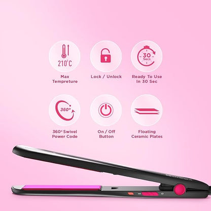 Ikonic Go Straight Hair Straightener, Black & Pink | Floating & Ceramic Plates| Lock Function| Quick & Easy to Use