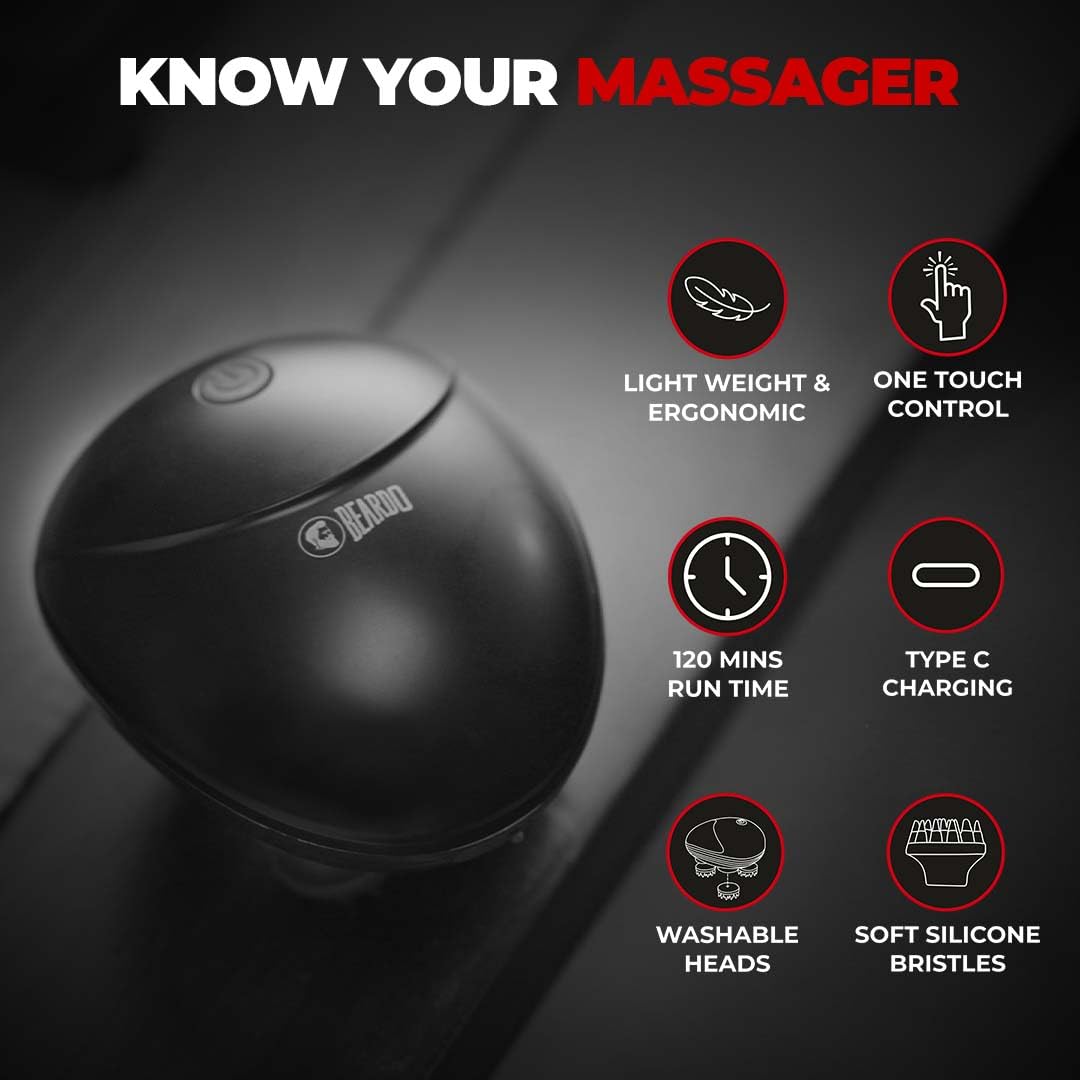 Beardo Stress Buster Electric Scalp Massager BDTO043 | Hair & Head Massager For Scalp with 3 Speed Modes | 120 mins Runtime | Type-C Charging | Detachable & Washable Heads | Scalp massager for Hair Growth