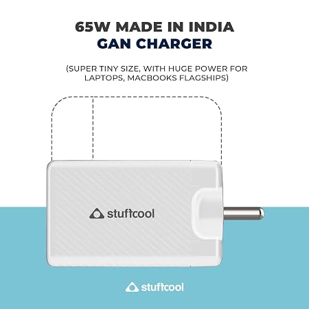 Stuffcool Nova 65W Gan Charger Made in India 3 Ports Supports Samsung PPS USB Super Fast Charging 2.0, Compatible with Macbooks Laptops iPhones Ipads, Samsungs, Pixels, White