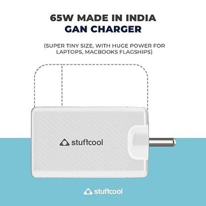 Stuffcool Nova 65W Gan Charger Made in India 3 Ports Supports Samsung PPS USB Super Fast Charging 2.0, Compatible with Macbooks Laptops iPhones Ipads, Samsungs, Pixels, White