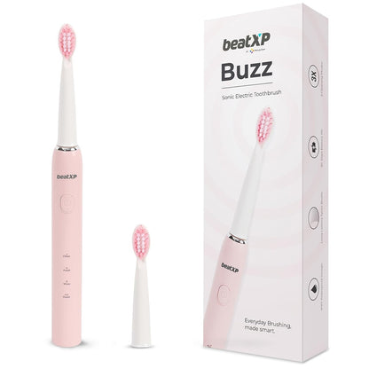 beatXP Buzz Electric Toothbrush for Adults with 2 Brush Heads & 3 Cleaning Modes|Rechargeable Electric Toothbrush with 2 Minute Timer & Quadpacer|19000 Strokes/min with Long Battery Life (Pink)