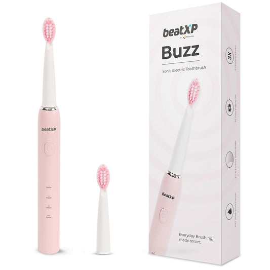 beatXP Buzz Electric Toothbrush for Adults with 2 Brush Heads & 3 Cleaning Modes|Rechargeable Electric Toothbrush with 2 Minute Timer & Quadpacer|19000 Strokes/min with Long Battery Life (Pink)