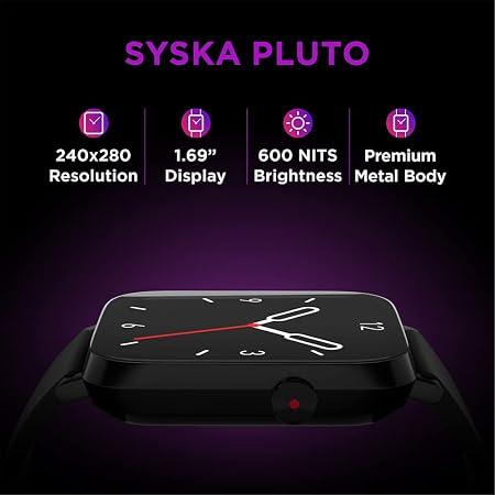 SYSKA Pluto SW250 Smart Watch Premium Metal Body, 1.69" Display, 200+ Cloud & Customizable Watch Faces, Smart Notifications for Calls, SMS, Whatsapp with Battery Runtime-Upto 10 Days (Space Black)