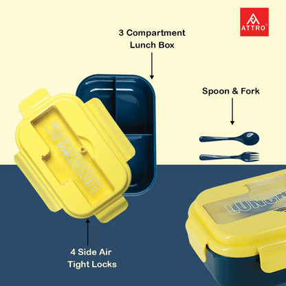 Attro Magic Lunch Box Comes with 3 Compartment,2 Spoons&Stylish Lid Use As Phone Holder Made by Heavy Platic Material Bpa Free Perfect for School,Office,Outdoor-Yellow Blue,1200 ml,Plastic