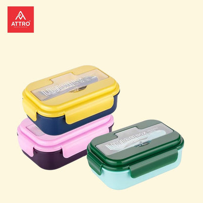Attro Magic Lunch Box Comes with 3 Compartment,2 Spoons&Stylish Lid Use As Phone Holder Made by Heavy Platic Material Bpa Free Perfect for School,Office,Outdoor-Yellow Blue,1200 ml,Plastic