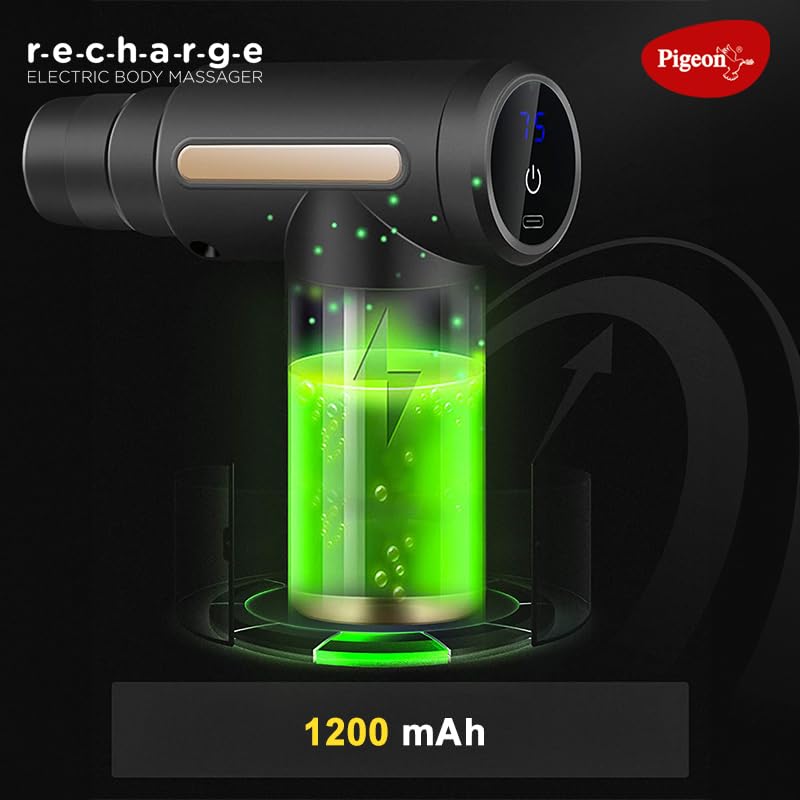 Pigeon Pulse Gun Massager With Digital Display,4 Heads,6 Speed,Rechargeable,Handheld,Percussion Muscle For Full Body Pain Relief,Muscle Relaxation Of Neck,Shoulder,Back,Foot For Unisex (Black)