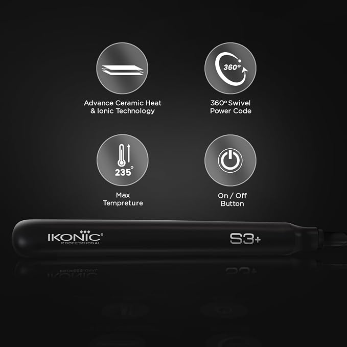 Ikonic Professional S3+ Hair Straightener, 1 Inch Ceramic Floating Plates With Ionic Technology, Adjustable Temperature Control Up To 230°C, Instant Heat Up, Slim Plates For Precision Styling, Short Hair & Bangs, Black & Red