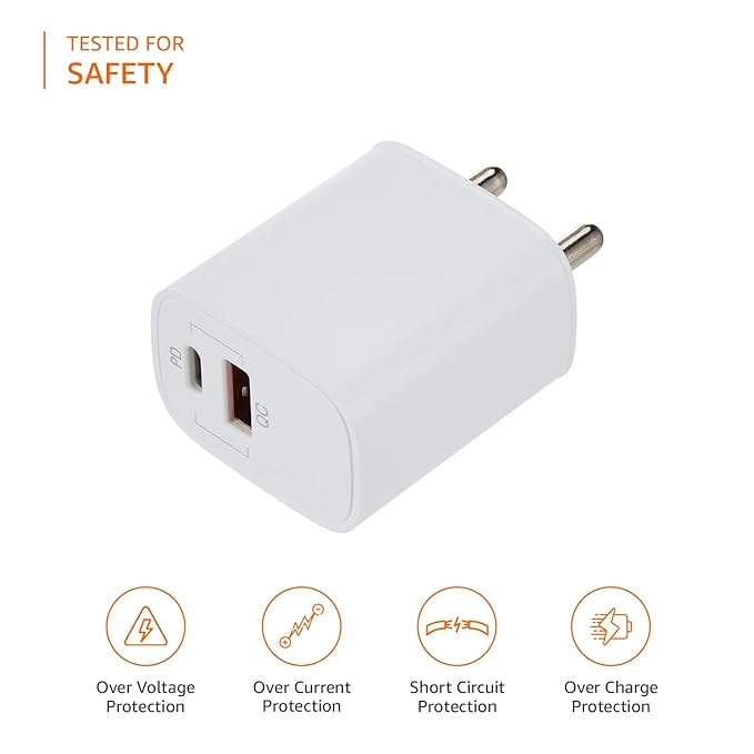 AmazonBasics Amazon Basics 33W +30W Dual Port Wall Charger Adapter|Type C and A Fast Charging Adapter, White|for Redmi Note 7/7Pro,8,9/9Pro/10/10S/11S/11 Prime/12C, Narzo N55, Oppo A78 & Other Phones