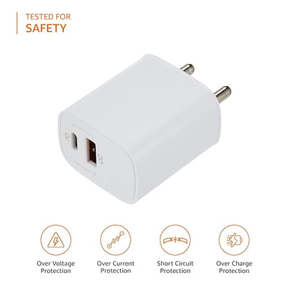 AmazonBasics Amazon Basics 33W +30W Dual Port Wall Charger Adapter|Type C and A Fast Charging Adapter, White|for Redmi Note 7/7Pro,8,9/9Pro/10/10S/11S/11 Prime/12C, Narzo N55, Oppo A78 & Other Phones