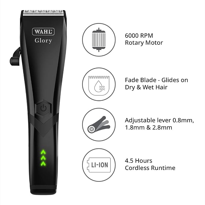 Wahl Glory Professional Clipper, Cord/Cordless Operation, 6000 RPM Powerful Motor, Patented Blade with Integrated Adjustable Lever, Lightweight, Smart LED Indicator, 4.5 Hours Runtime, 2 Years Warranty, 02211-024