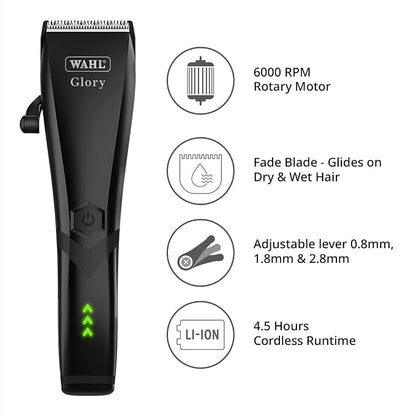 Wahl Glory Professional Clipper, Cord/Cordless Operation, 6000 RPM Powerful Motor, Patented Blade with Integrated Adjustable Lever, Lightweight, Smart LED Indicator, 4.5 Hours Runtime, 2 Years Warranty, 02211-024