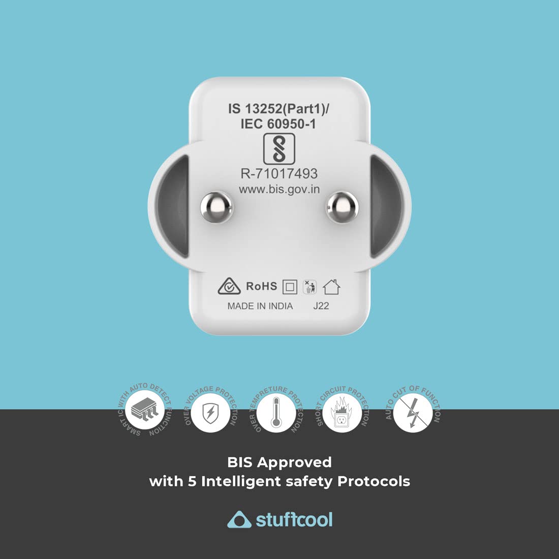 Stuffcool Nova 65W Gan Charger Made in India 3 Ports Supports Samsung PPS USB Super Fast Charging 2.0, Compatible with Macbooks Laptops iPhones Ipads, Samsungs, Pixels, White