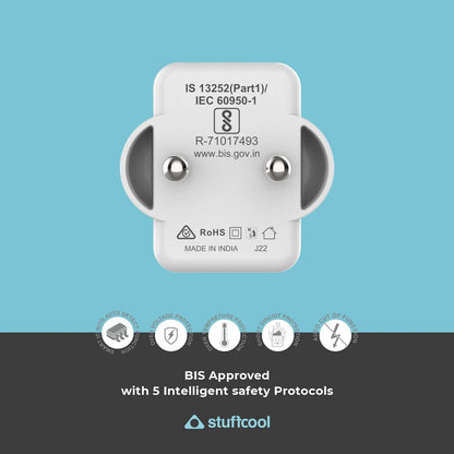 Stuffcool Nova 65W Gan Charger Made in India 3 Ports Supports Samsung PPS USB Super Fast Charging 2.0, Compatible with Macbooks Laptops iPhones Ipads, Samsungs, Pixels, White