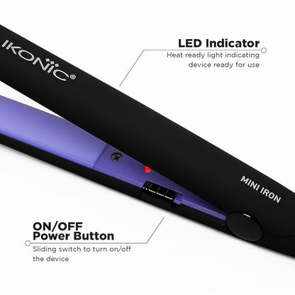 Ikonic Mini Iron Hair Straightener, Black| Compact Size| Travel Friendly| Instant Heat Technology| Mini Plates| Ideal for Small Hair and Bangs