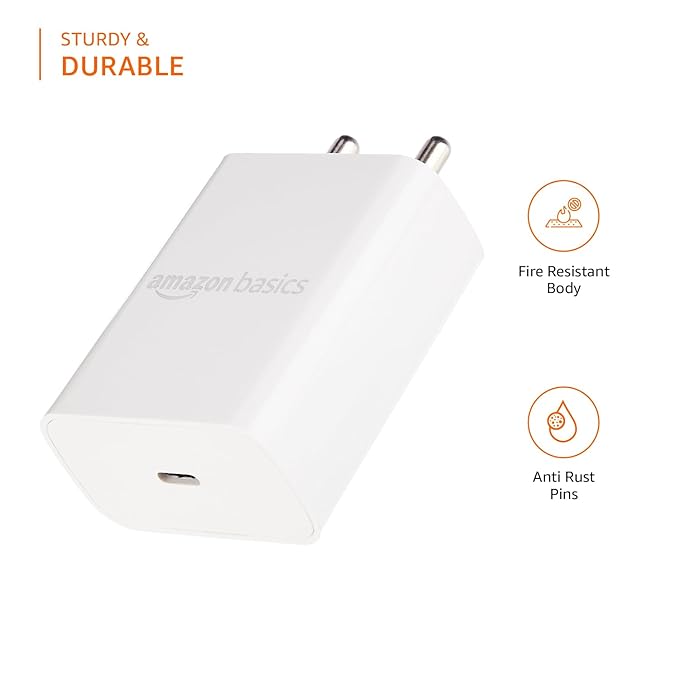 Amazon Basics 25W Compact Wall Charger | Type-C Fast Charging Adapter for Samsung, Xiaomi Phones and iPhone (White, Without Cable)