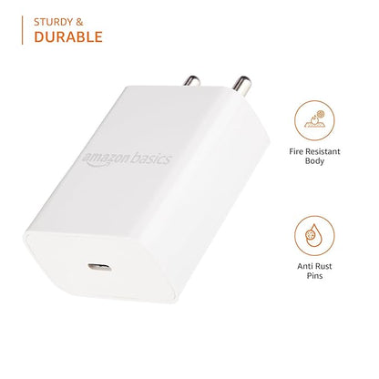 Amazon Basics 25W Compact Wall Charger | Type-C Fast Charging Adapter for Samsung, Xiaomi Phones and iPhone (White, Without Cable)