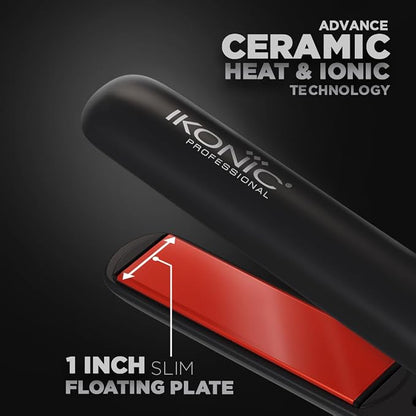 Ikonic Professional S3+ Hair Straightener, 1 Inch Ceramic Floating Plates With Ionic Technology, Adjustable Temperature Control Up To 230°C, Instant Heat Up, Slim Plates For Precision Styling, Short Hair & Bangs, Black & Red