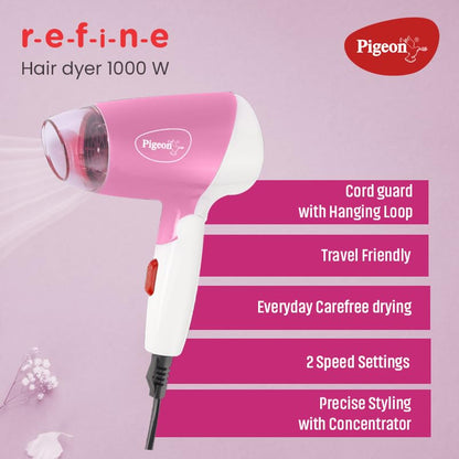 Pigeon Hair Dryer| 1000 Watts| 2 Speed & Temperature (Hot/Cool)| Foldable Handle| For Women and Men