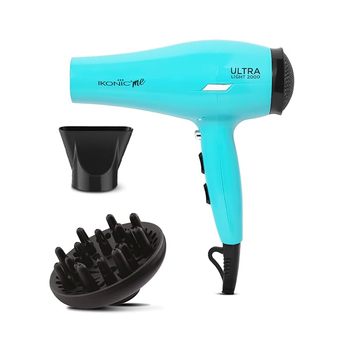 Ikonic Ultralight Professional Hair Dryer 2000 Watts with Nozzle, Diffuser, Hot and Cold Air Feauture, 2 Speed 3 Heat Settings with Cool Shot,Hanging Loop,For both Men and Women, Sutiable for all Hair Types, Teal