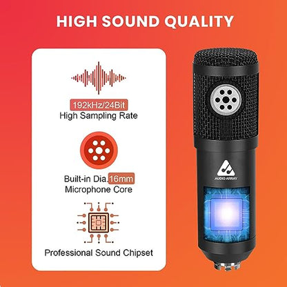 Audio Array AM-C1 USB Condenser Microphone Kit | for Podcasting, Online Meeting, Gaming, Singing & Live Streaming | Boom Arm, Pop Filter, Mic Cover, Spider Shock Mount, Tripod & 2.5M USB Cable Visit the Audio Array Store