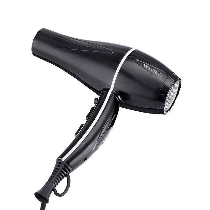 Ikonic Pro 2100+ Hair Dryer 2000W, Black, 3 heat and 2 speed settings, Cool Shot, Low Noise Function Interchangeable Nozzles, Professional Styling, For Women and Men, All Hair Type