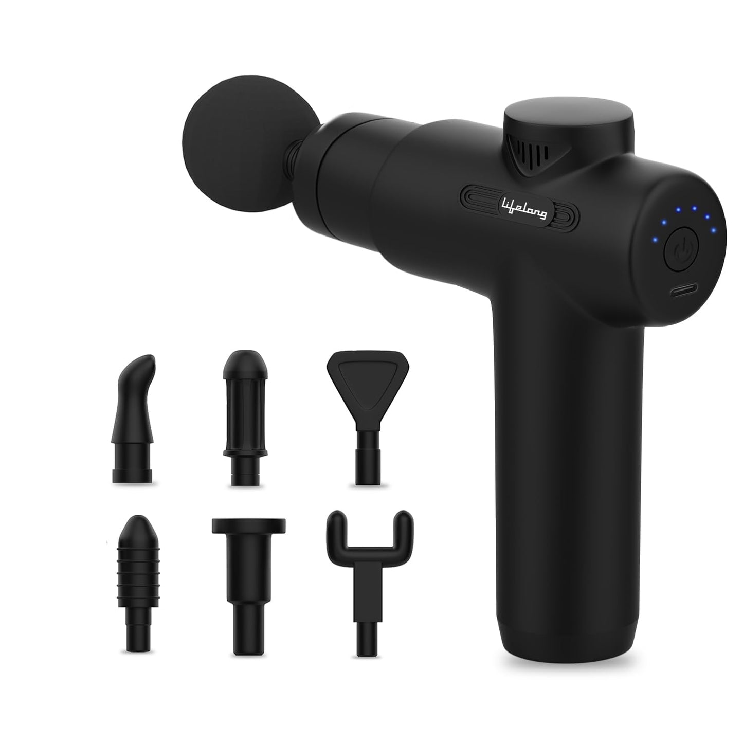 Lifelong LLGM109 Percussion Massage Gun for Pain Relief, Deep Tissue, 6 Speeds & 7 Massage Heads, Cordless, Quiet Operation for Neck, Shoulders, Back, Arms, Legs & Feet (Black)