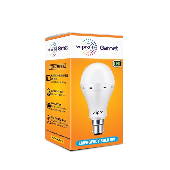 wipro Garnet 9w LED Emergency Bulb | Cool Day White (6500K) | B22 LED Bulb Base | Inverter Bulb for home, with 4 Hours battery back up| Li-ion Battery | Over charging Protection | Pack of 1