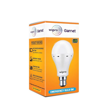 wipro Garnet 9w LED Emergency Bulb | Cool Day White (6500K) | B22 LED Bulb Base | Inverter Bulb for home, with 4 Hours battery back up| Li-ion Battery | Over charging Protection | Pack of 1