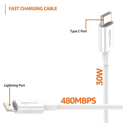 AmazonBasics Tpe Type-C To Lightning Cable | 20W Fast Charging, 480Mbps Data Transfer Speed | Compatible With Iphone, Ipad Air, Pro, Mini, Ipad | 1 Meter (White)