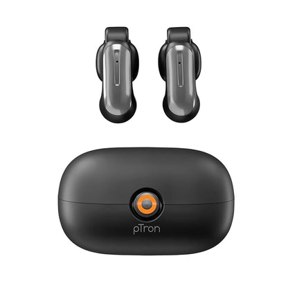 pTron Bassbuds Vortex Clips Wireless Open Ear Earbuds w/Chrome Finish, SafeBeats Tech, 50Hrs Playtime, Dual HD Mic w/AI-ENC, 10mm Driver, Pristine Sound, BTv5.4 Earclips, IPX5,Type C Charging(Black)