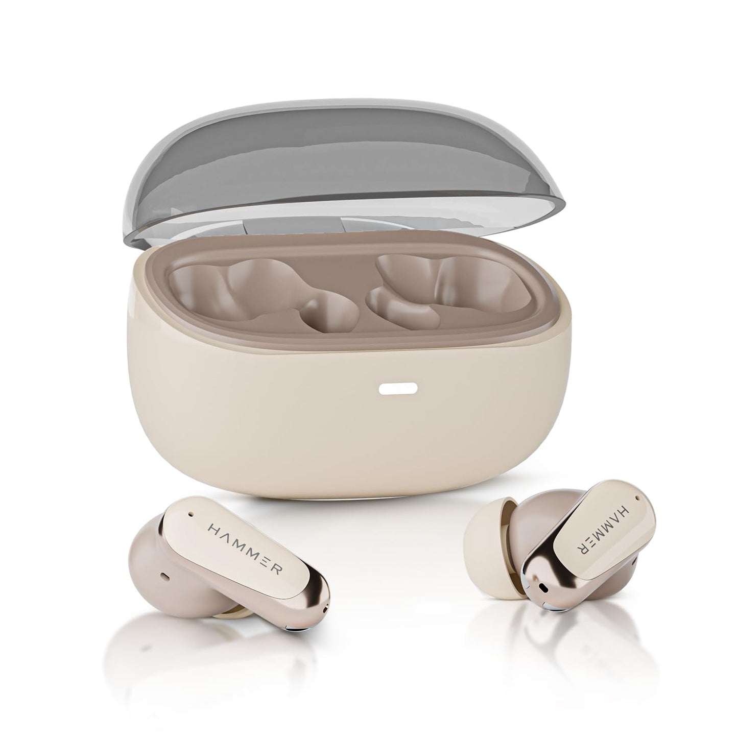 HAMMER Aura 32dB ANC, 4-Mic ENC Wireless Earbuds for Calling,50H Battery, Transparency & ANC Modes, 13mm Titanium Driver, BT v6, 35ms Low Latency Gaming Mode, Semi-Transparent Chrome, IPX4 (Beige)