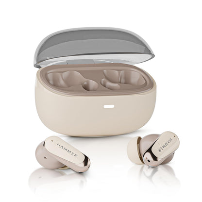 HAMMER Aura 32dB ANC, 4-Mic ENC Wireless Earbuds for Calling,50H Battery, Transparency & ANC Modes, 13mm Titanium Driver, BT v6, 35ms Low Latency Gaming Mode, Semi-Transparent Chrome, IPX4 (Beige)