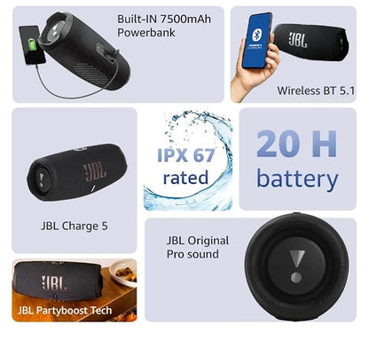 JBL Charge 5, Wireless Portable Bluetooth Speaker Pro Sound, 20 Hrs Playtime, Powerful Bass Radiators, Built-in 7500mAh Powerbank, PartyBoost, IP67 Water & Dustproof (Without Mic, Black) Visit the JBL Store