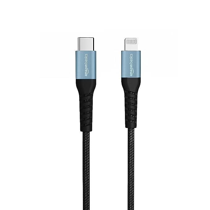 amazon basics Usb C To Lightning Aluminum With Nylon Braided Mfi Certified Charging Cable (Grey, 2 Meter), Black