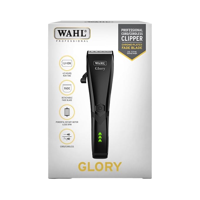 Wahl Glory Professional Clipper, Cord/Cordless Operation, 6000 RPM Powerful Motor, Patented Blade with Integrated Adjustable Lever, Lightweight, Smart LED Indicator, 4.5 Hours Runtime, 2 Years Warranty, 02211-024
