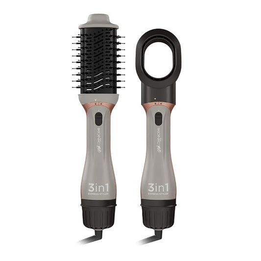 Ikonic Me 3-In-1 Express Styler Hot Air Brush For Women, 1200W Hair Dryer Brush With 1.5-Inch Ceramic Titanium Tourmaline Barrel, Blow Dryer, Hair Straightener, Volumizer Brush, Fast Drying, Frizz-Free Styling, Grey