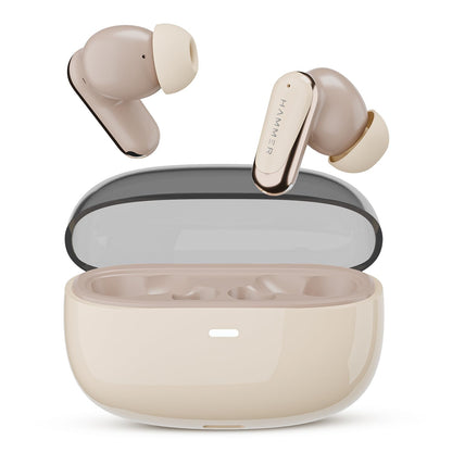 HAMMER Aura 32dB ANC, 4-Mic ENC Wireless Earbuds for Calling,50H Battery, Transparency & ANC Modes, 13mm Titanium Driver, BT v6, 35ms Low Latency Gaming Mode, Semi-Transparent Chrome, IPX4 (Beige)