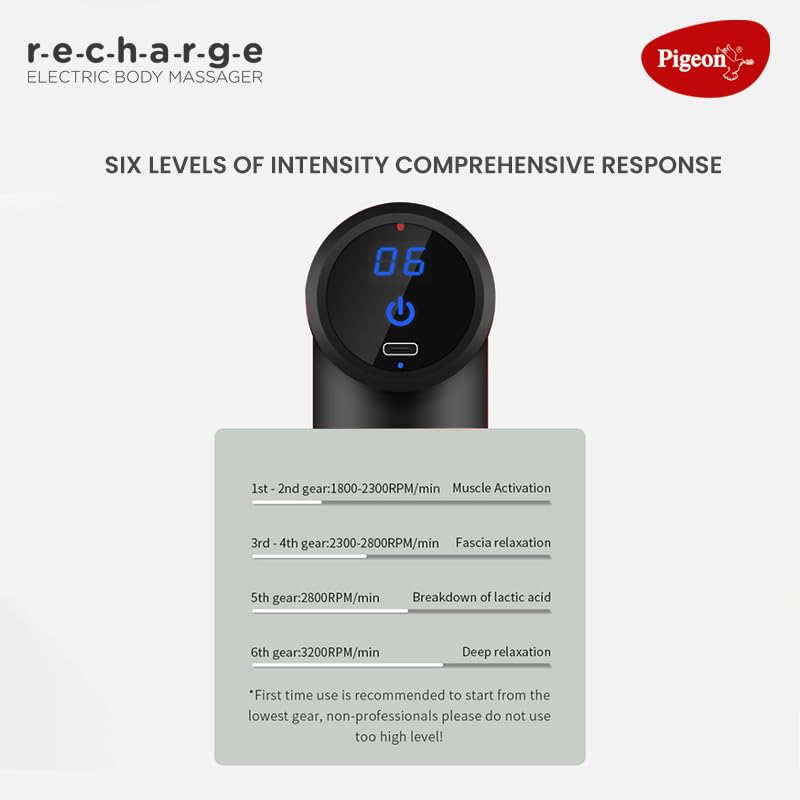 Pigeon Pulse Gun Massager With Digital Display,4 Heads,6 Speed,Rechargeable,Handheld,Percussion Muscle For Full Body Pain Relief,Muscle Relaxation Of Neck,Shoulder,Back,Foot For Unisex (Black)