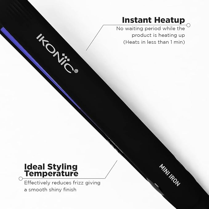 Ikonic Mini Iron Hair Straightener, Black| Compact Size| Travel Friendly| Instant Heat Technology| Mini Plates| Ideal for Small Hair and Bangs