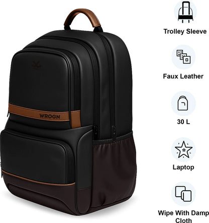 WROGN Medium 30 L Laptop Backpack Classic Anti Theft Faux Leather Office/Travel/College with 15.6" Sleeve for Men (Black, Brown)