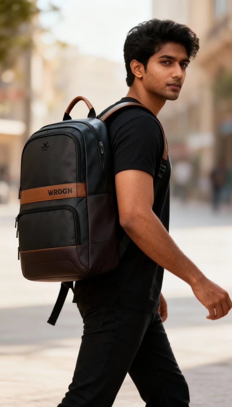 WROGN Medium 30 L Laptop Backpack Classic Anti Theft Faux Leather Office/Travel/College with 15.6" Sleeve for Men (Black, Brown)