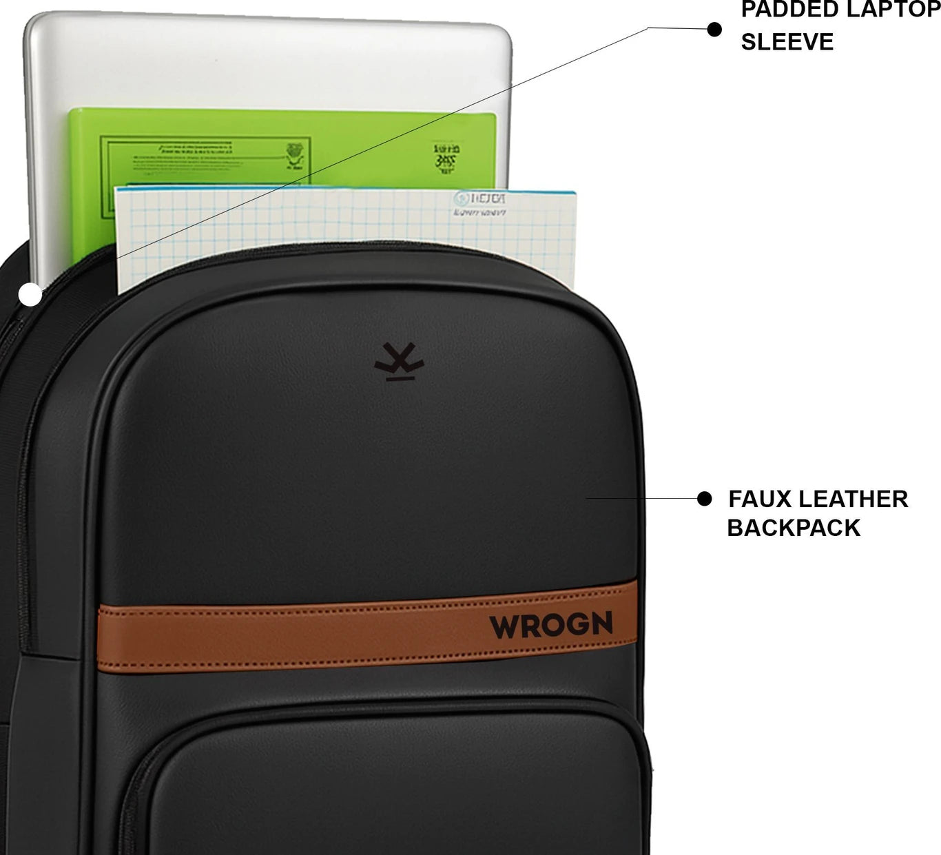 WROGN Medium 30 L Laptop Backpack Classic Anti Theft Faux Leather Office/Travel/College with 15.6" Sleeve for Men (Black, Brown)